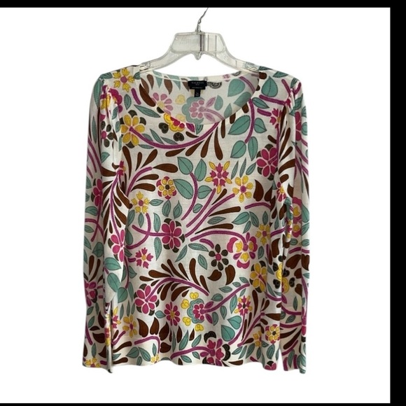 Talbots Pure Merino Wool Floral Print Long Sleeve Sweater Top Size LP - Picture 2 of 7